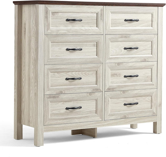 LINSY HOME Farmhouse 8 Drawers Dresser Chests for Bedroom, Wood Dresser Wide Chest of Drawers, Storage Dressers Organizer for Bedroom, Living Room,Hallway, SGS Certified