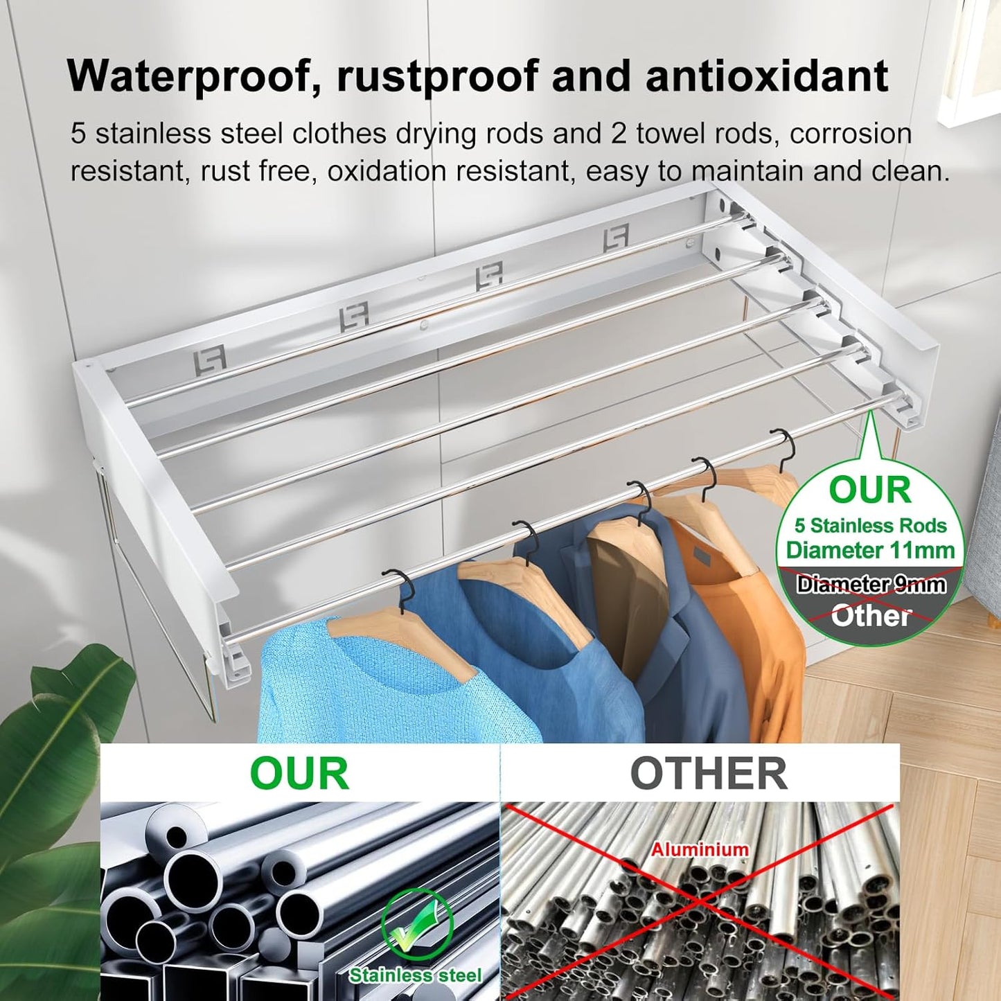 Wall Mounted Drying Rack, Foldable Laundry Rack, Collapsible Drying Rack, 5 Stainless Rods, Wall Mounted Clothing Rod with 2 Towel Bar, 90 lb Capacity, 31.5" White