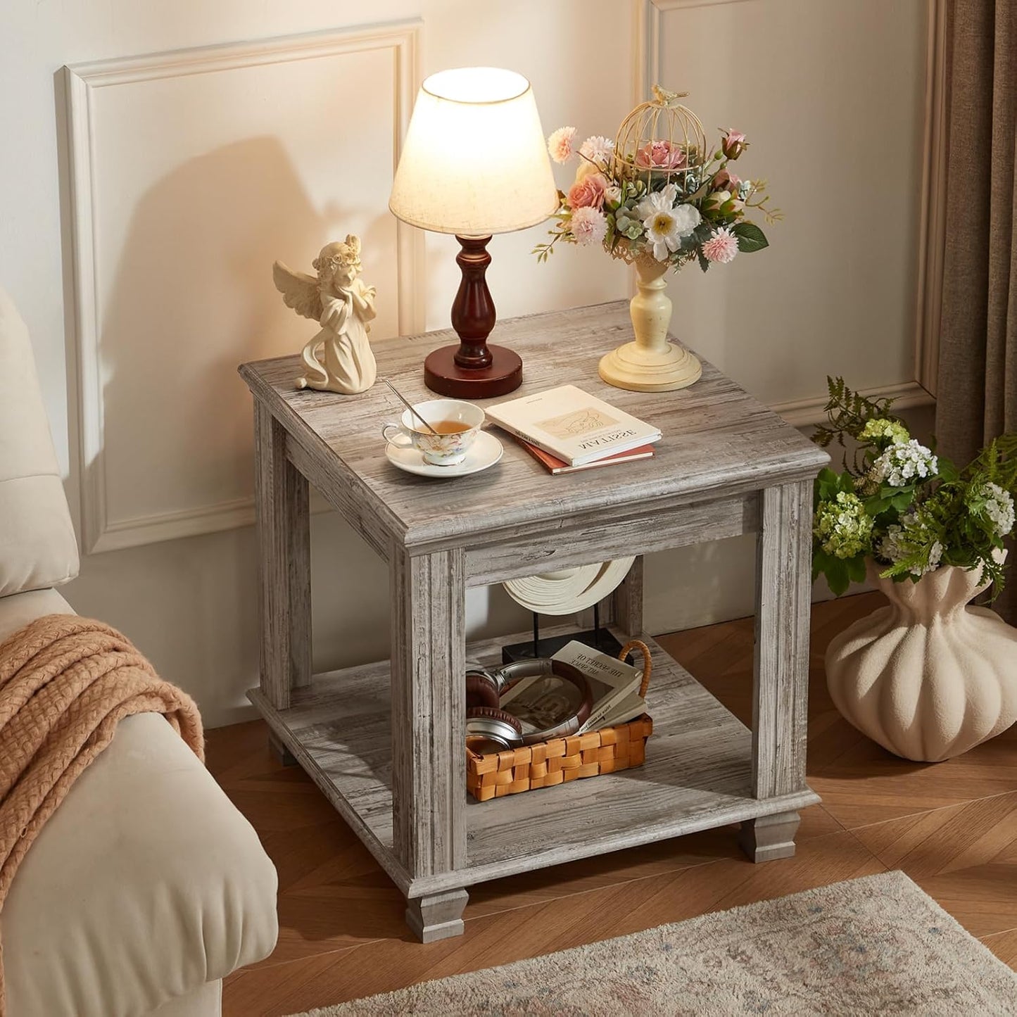 Farmhouse End Table Set of 2,Large Side Table with 2-Tier Storage Shelf,Rustic Wood End Tables for Living Room,Square Tea Table,Gray