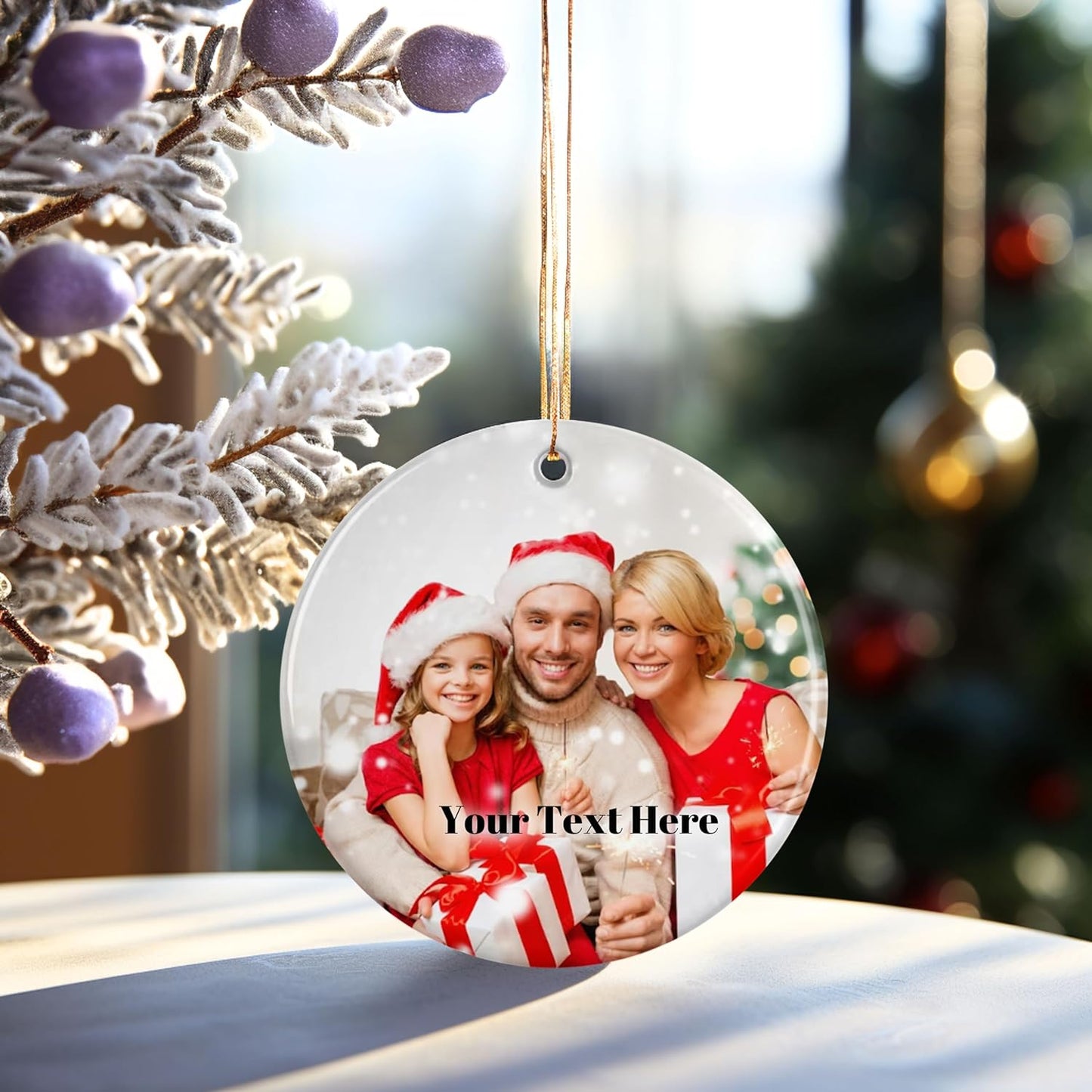 Personalized Christmas Ornaments with Photo and Text, Custom Ceramic Hanging Ornament with Picture for Christmas Tree, Customized Xmas Gift for Parents Family