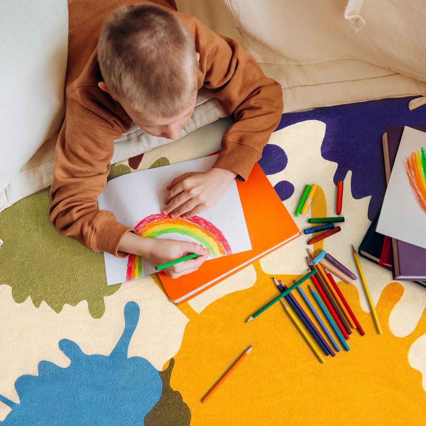 STARUIA Art Round Rug for Playroom, 4'x4' Colorful Kids Rug for Nursery, Non-Slip Small Circle Rugs for Kids Room, Machine Washable Bedroom Rugs Soft Circular Office Carpet for Preschool Dorm