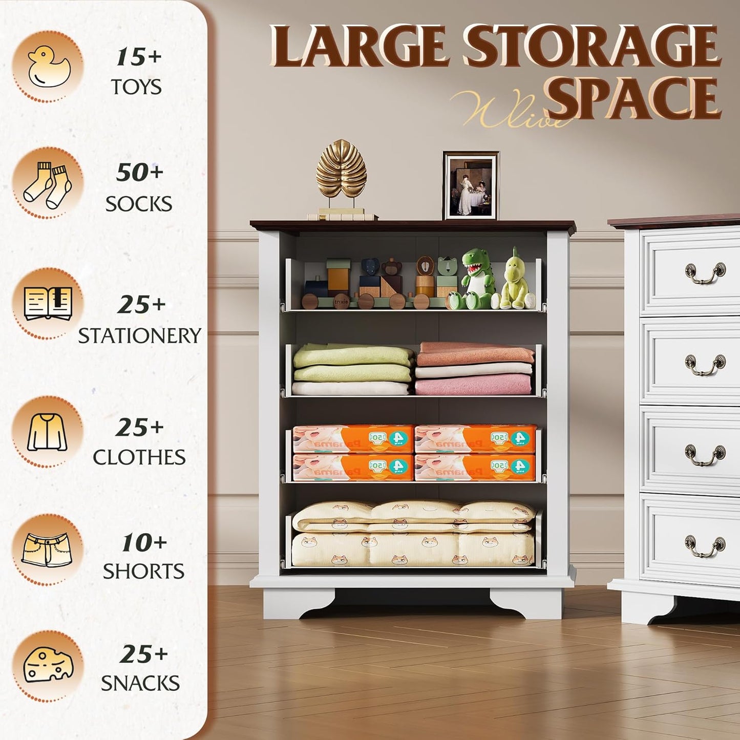 WLIVE Farmhouse Dresser for Bedroom, Tall Wood Dresser with 4 Drawers, Chest of Drawers with Roman Metal Handle for Living Room, Hallway, Closet, White