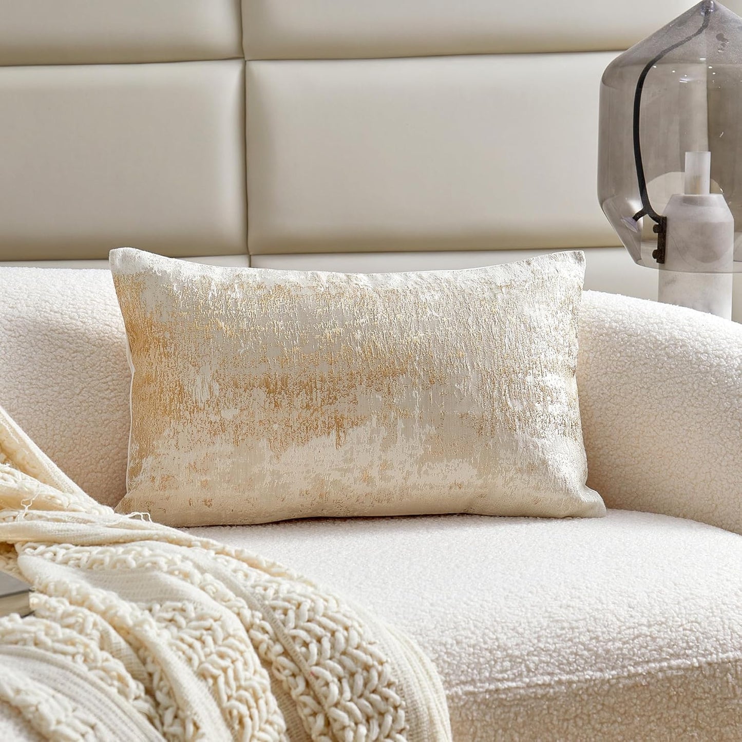 THE-TINOART Cream Beige & Gold Luxury Pillow Cover 12x20 - Embroidered Jacquard with Metallic Thread, Reversible Decorative Throw Pillow Cover for Sofa/Bed, Velvet Backing