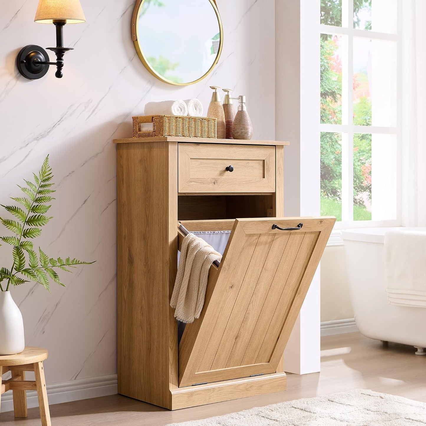 Tilt Out Laundry Hamper Cabinet, 10 Gallon Farmhouse Trash Can Cabinet with Drawer, Hidden Wood Garbage Can Bin Cabinets with Laundry Storage Basket for Bathroom, Kitchen, Natural