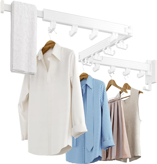 Clothes Drying Rack Wall Mounted, Retractable Drying Racks for Laundry, Foldable Drying Rack With 12 Hooks, Sturdy Tri-Fold Wall Mounted Space Saver for Laundry Room Balcony Bathroom - 49.8", White