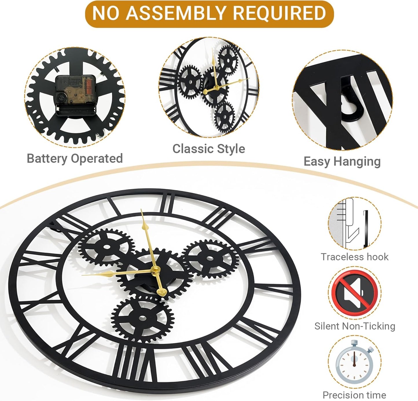 20inchesWall Clocks for Living Room Deco Metal Non Ticking Silent Battery Operated Roman Numeral Oversized Gear Wall Clocks for Bedroom Kitchen Fireplace Office Farmhouse