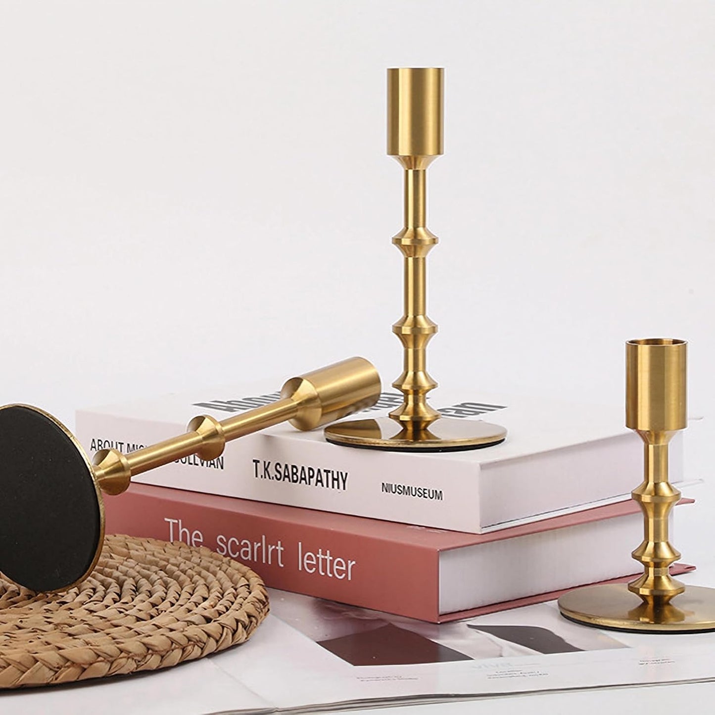 Gold Candle Holders,Modern Candle Stick Holders for Table Mantel Wedding Housewarming, Set of 3 Metal Brass Candlestick Holder