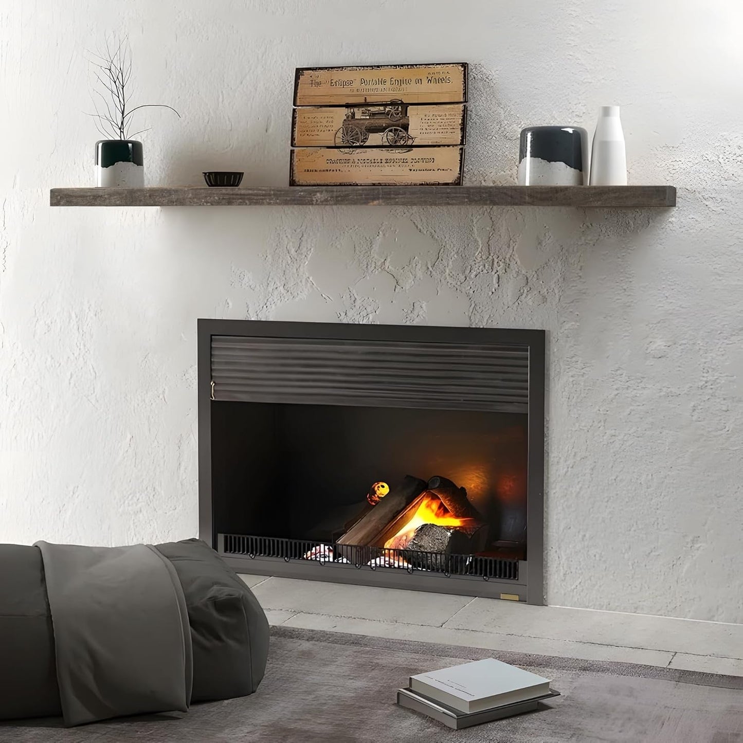 48 Inch Fireplace Mantel Shelf - 8 Inch Deep Rustic Solid Reclaimed Wood Floating Shelf, Wall Mounted Farmhouse Display Shelf with Invisible Heavy Duty Metal Bracket, Set of 2, Cement Grey