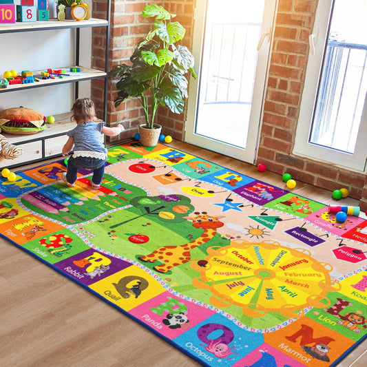 Kids Rugs for Playroom Classroom Bedroom, Educational and Fun Play Mat with ABC Alphabet Animals, Learning Rug for Children Toddler Baby Girls Boys Nursery, Washable, 4x6