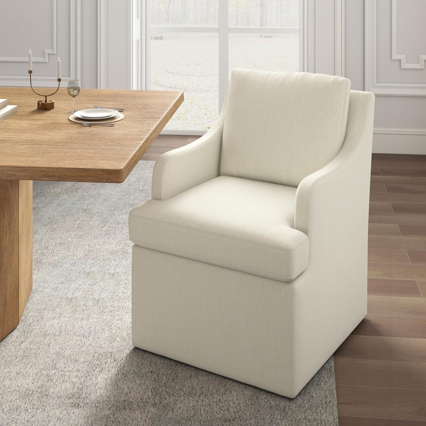 VKNOW Upholstered Dining Chairs Set of 4, Modern Kitchen Chairs Dinner Chairs with 4 Casters, Linen Armchair for Bedroom Reading Room Living Room, Beige