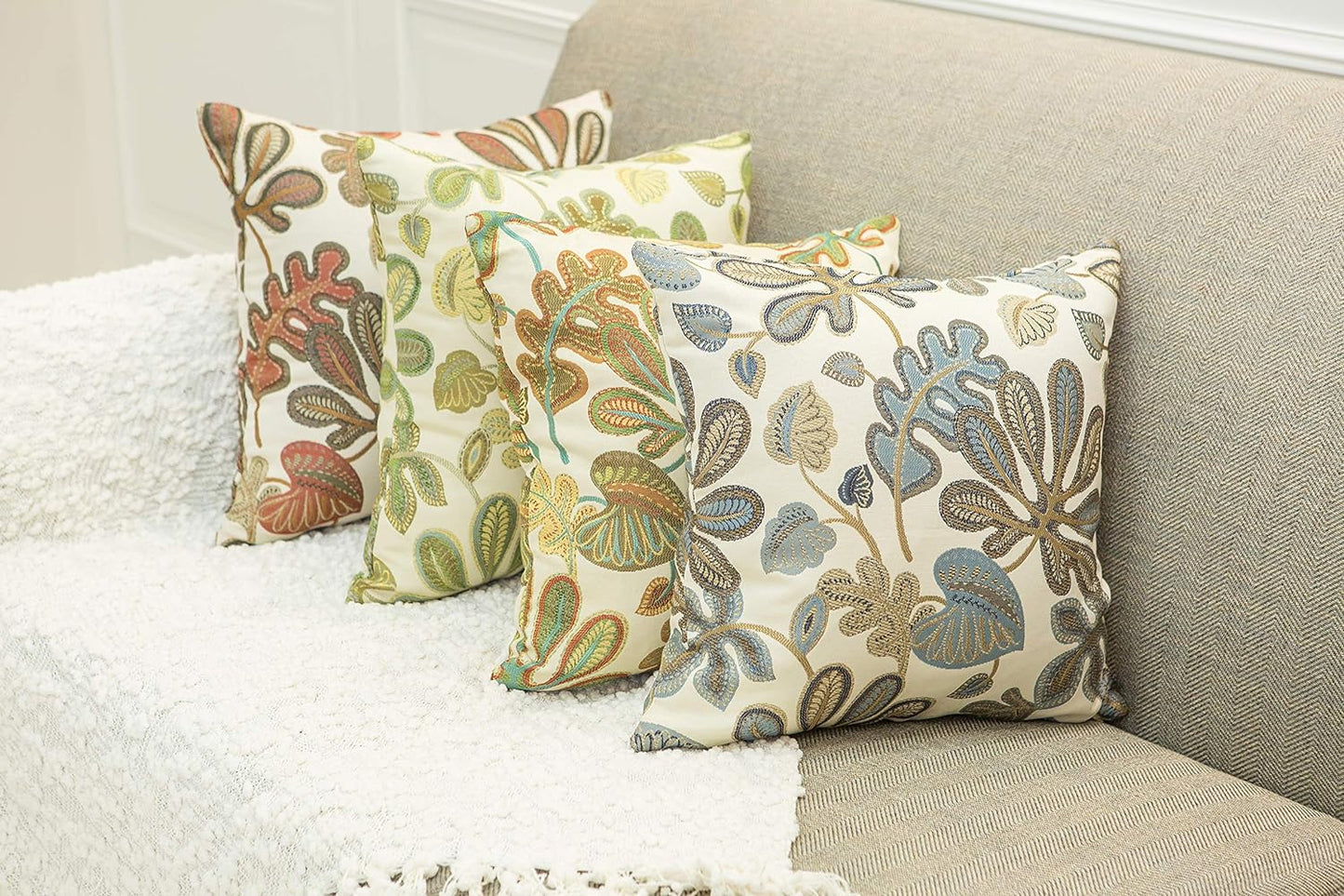 Set of 2 Jacquard Tropical Leaf Pattern Throw Pillow Covers Decorative Pillowcase 22X22 Inches,Coral Cream