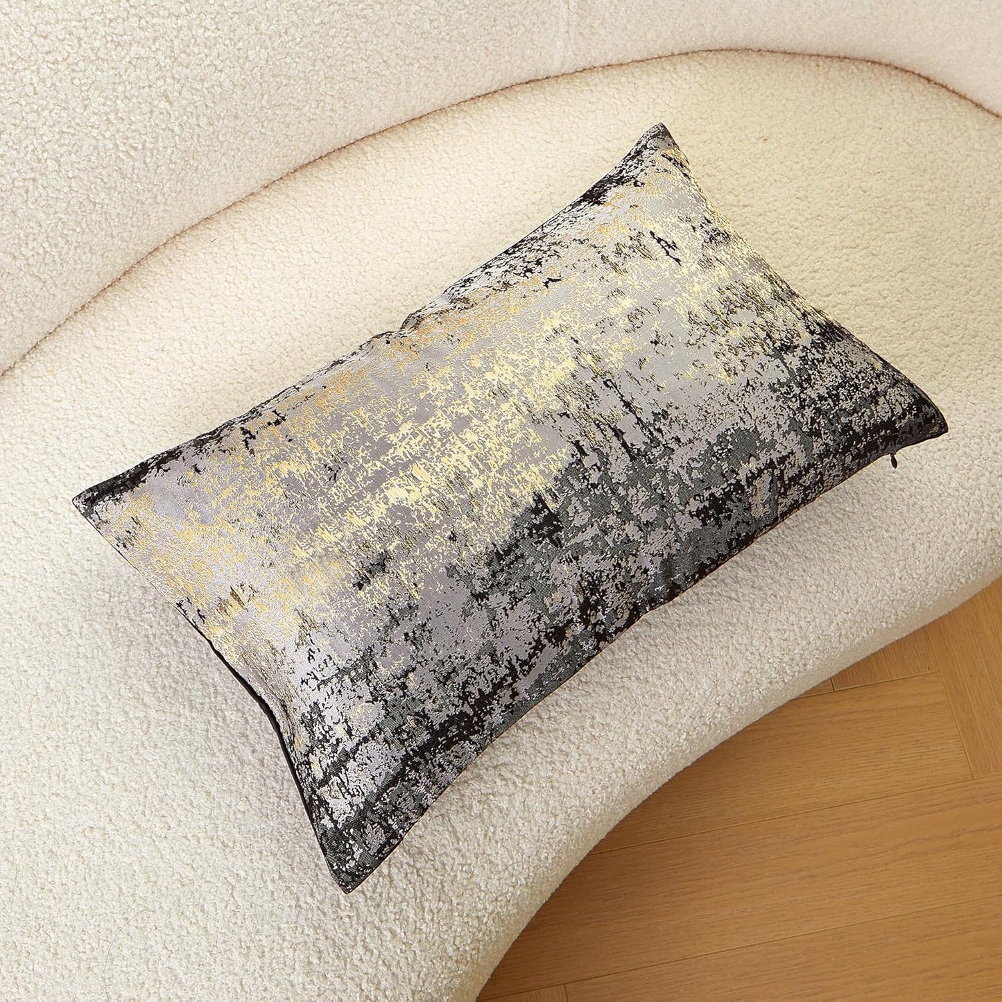 THE-TINOART Charcoal Gray & Black Pillow Cover 12x20 - Gold Embroidered Luxury Jacquard, Modern Reversible Throw Pillow Cover for Sofa/Bed, Velvet Backing