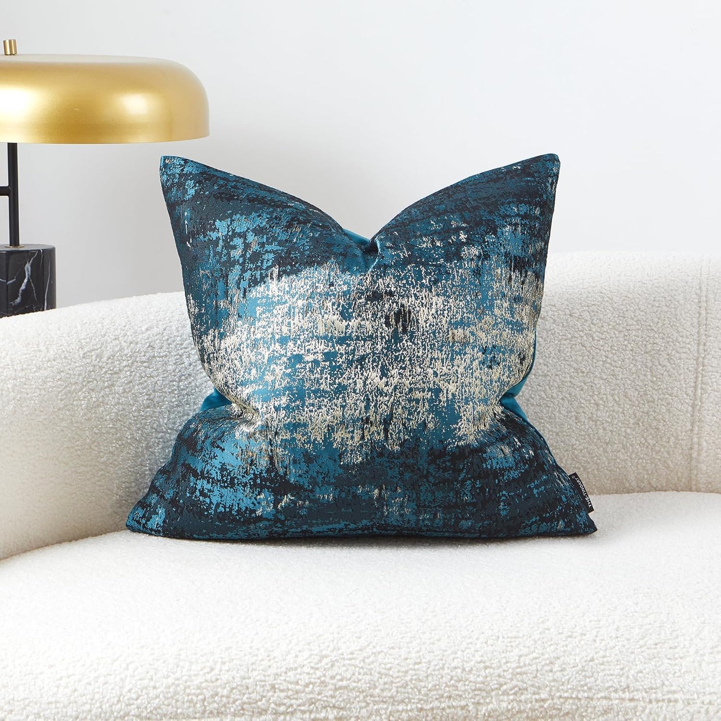 THE-TINOART Teal & Gold Embroidered Jacquard Pillow Cover 24x24 - Luxury Reversible Decorative Throw Pillow Cover with Gold Thread & Velvet Backing, Elegant Holiday Home Decor