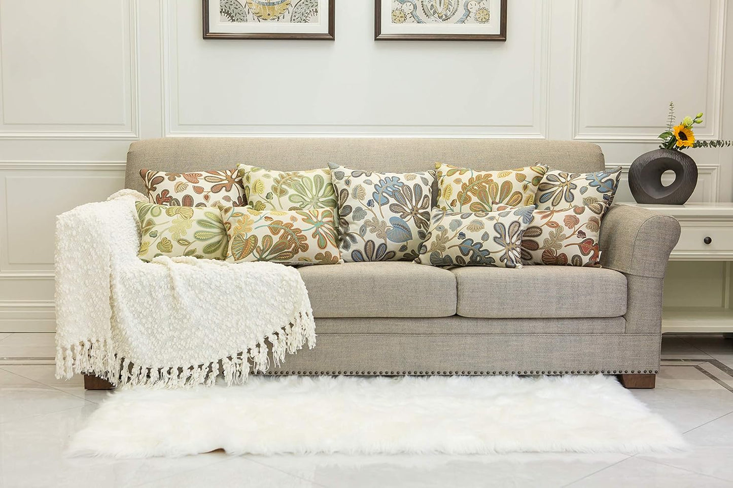 Set of 2 Jacquard Tropical Leaf Pattern Oblong Throw Pillow Covers Accent Pillowcase 12X20 Inches,Blue Cream