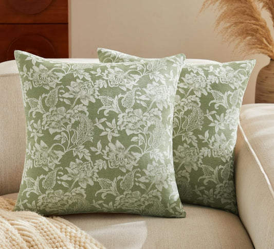 Floral Jacquard Throw Pillow Covers Set of 2, Background/Green 16x16 Inch, Farmhouse Decorative Cotton Sage Green Cushion Covers for Sofa Bed Living Room Home Decor