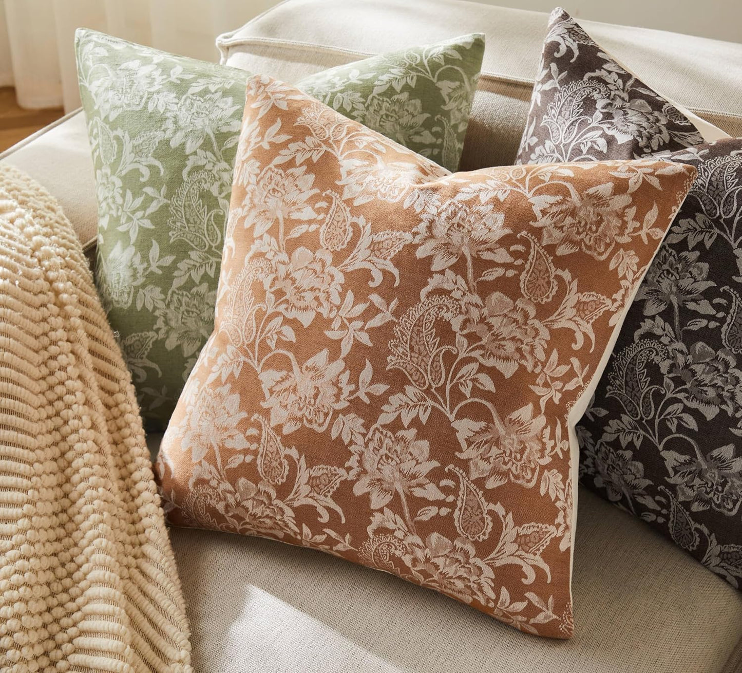 Floral Jacquard Throw Pillow Covers Set of 2, Background/Caramal 16x16 Inch, Farmhouse Decorative Cotton Caramal Cushion Covers for Sofa Bed Living Room Home Decor