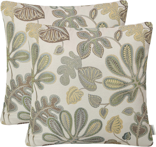 Set of 2 Jacquard Tropical Leaf Pattern Throw Pillow Covers Decorative Pillowcase 20X20 Inches,Green Cream